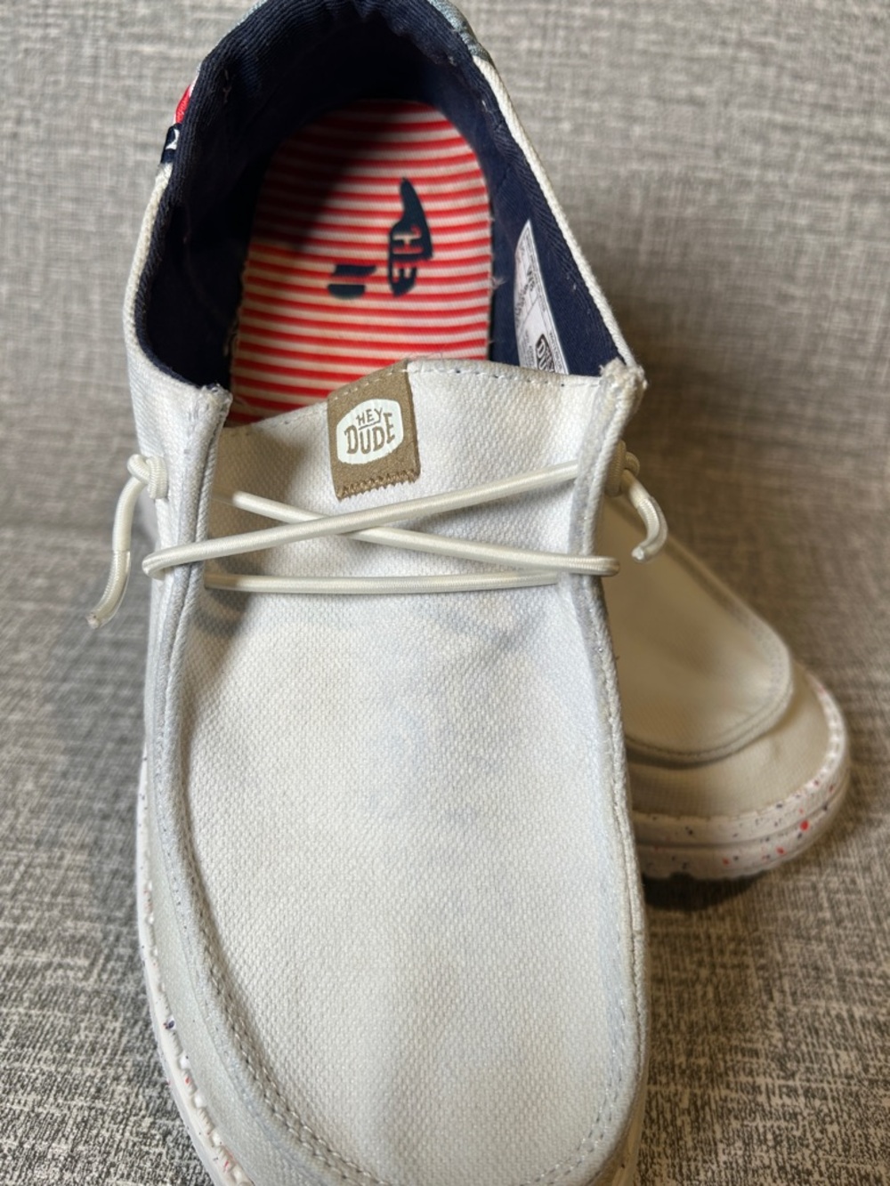 Hey Dude White Canvas Slip-On Boat Shoes with Stars & Stripes Heel size 8 womens - Picture 4 of 15